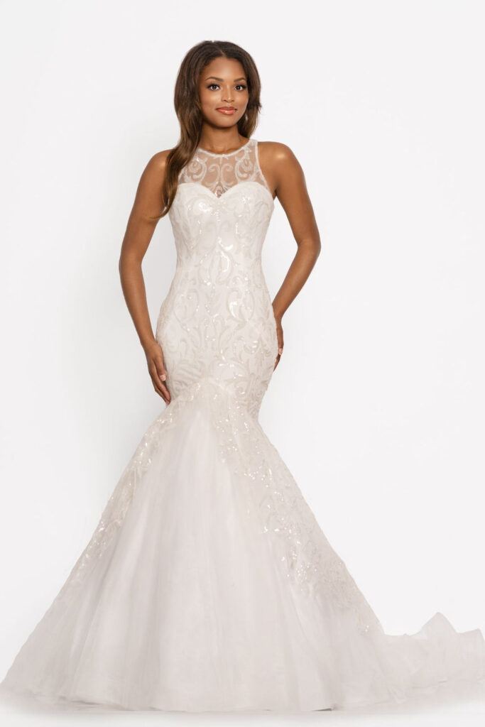 Lace Mermaid Gown with Sequin Embellishments: 
