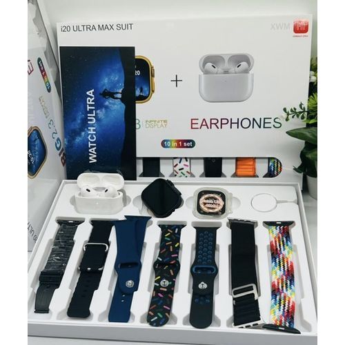 I20 Ultra Smart Watch 10 In 1 Set With Earpod 7 Different Straps Watch Pouch