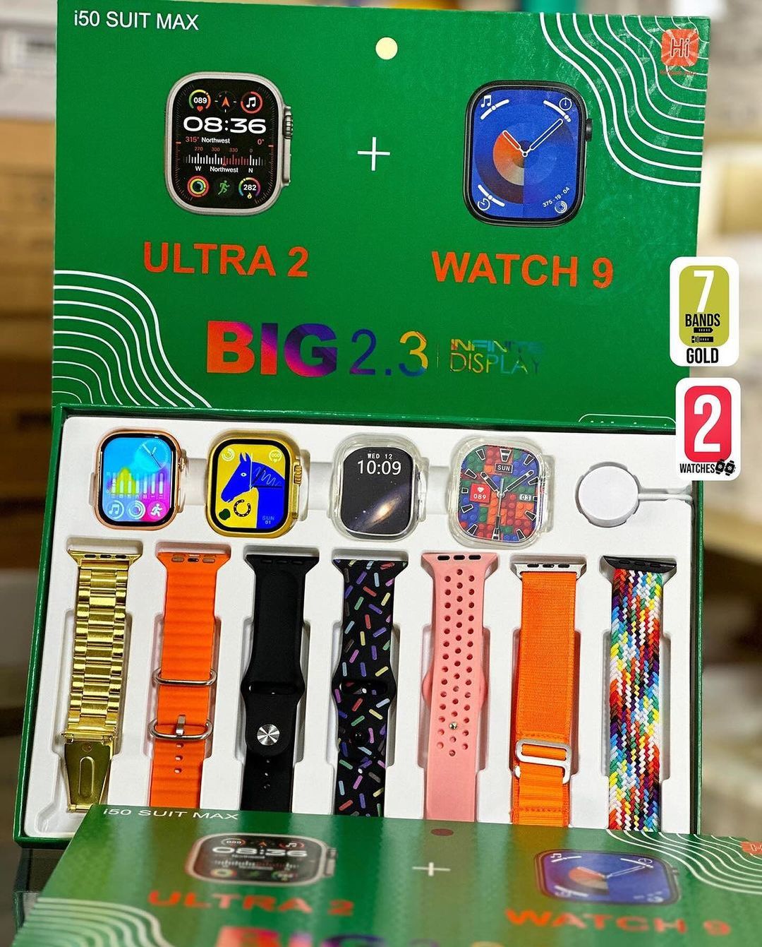 i50 Ultra Suit Max Big dual Watch 9 Ultra SmartWatches 11 in 1 set many straps wireless charger