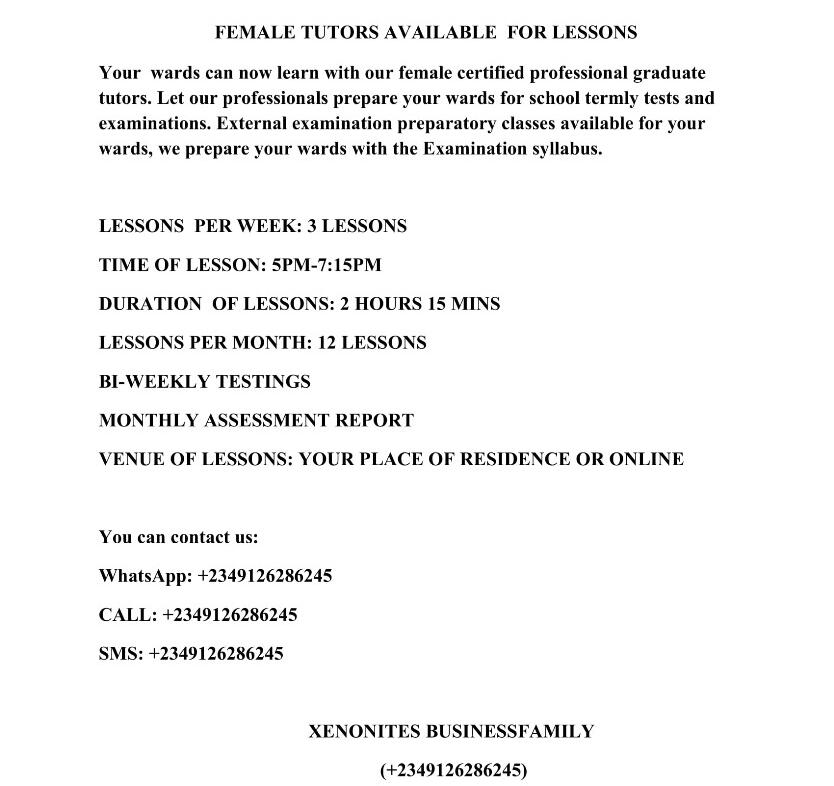 FEMALE TUTORS AVAILABLE FOR LESSONS