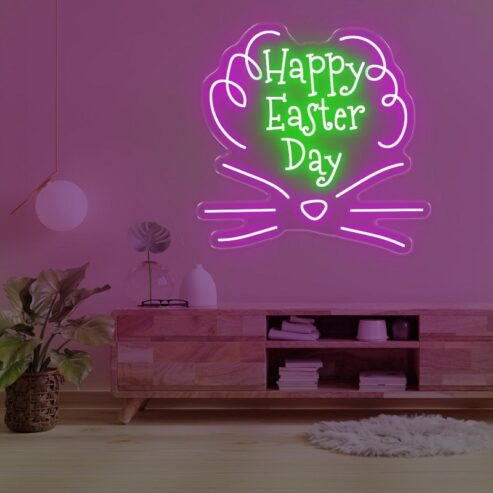 Happy Easter Day Bunny Neon Sign – Festive LED Wall Light for Easter Decor | Hot Pink & Green